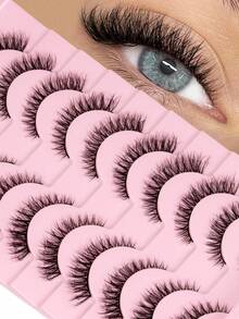 10 Pairs Short 3D Faux Mink Lashes, Create Cat Eye Makeup Effect, Long & Thin, Soft & Natural Looking Fake Lashes, Strip Eyelashes - Black - View 1