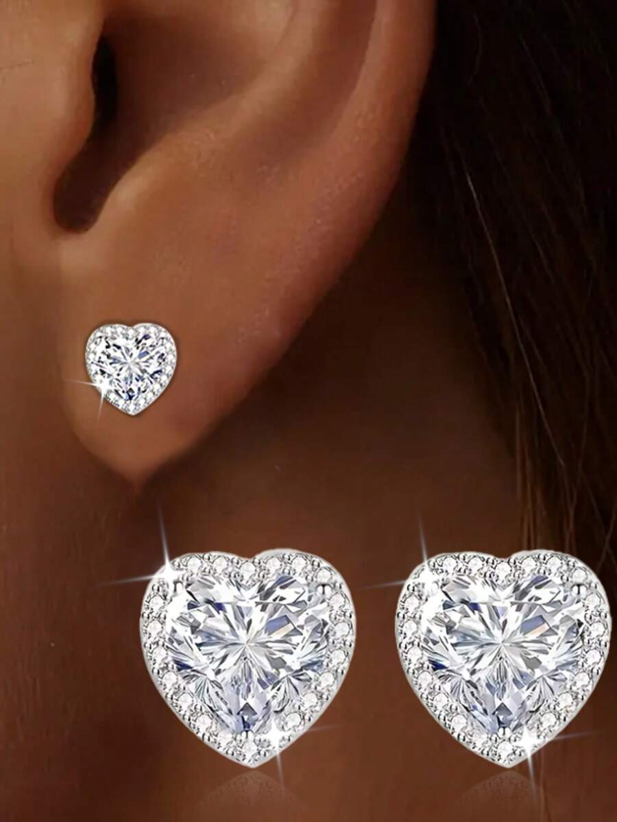 1 Pair S925 Sterling Silver Hypoallergenic Sparkling Heart Cubic Zirconia Stud Earrings, Elegant Petite Versatile Earrings, Suitable For Daily Wear, Vacation, Valentine's Day, Birthday Gift For Women - Silver - View 1