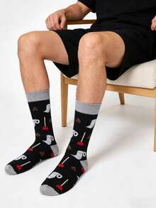 1 双男士黑灰色卫生纸印花图案中筒袜，休闲百搭，适合所有季节 - 彩色 - 查看 5