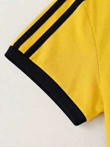 Women's Casual Contrast Color Side Stripe T-Shirt, College Style Daily Wear Short Sleeve Tee, Summer Patchwork Minimalist Fitted Retro Striped Sports Top - Yellow - View 5