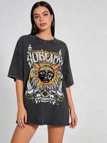 Retro Sun Face Skull Print, Men's T-Shirt, SUBLIM Band Style Free Theme Loose Short Sleeved Shirt Vintage Washed Cotton Short Sleeve T-Shirt Crew Neck Soft Casual Tee For Men Women In Office Women T-Shirts - 黑色02 - 查看 3