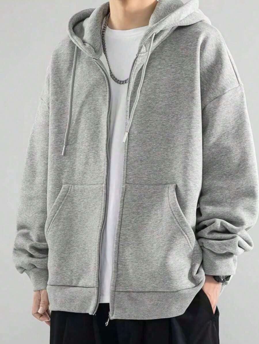 Open-Front Zip-Up Hooded Sweatshirt, Plain Winter Jacket With Front Pocket, Ideal For Cold Days. - Grey - View 1