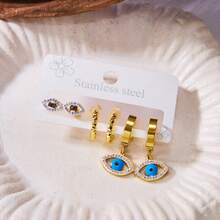 6pcs Stainless Steel Rhinestone Devil's Eye Earring Set, Suitable For Women's Daily, Travel, Party Wear - Multicolor - View 2