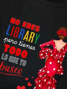 春夏女款弗拉明戈波點圖案T卹，休閒短袖100%純棉柔軟舒適T卹，Y2K街頭風西班牙標語印花上衣，夏季時尚T卹，適合休閒夏季穿著 - 黑色 2 - 查看 4