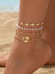 4pcs/Set Beach Vacation Style Golden Shell Handmade Chain, Versatile Faux Pearl Anklet With Alloy Starfish & Shell Decor, Suitable For Daily Wear And Holiday Travel, Chain Length Customizable - Multicolor - View 1