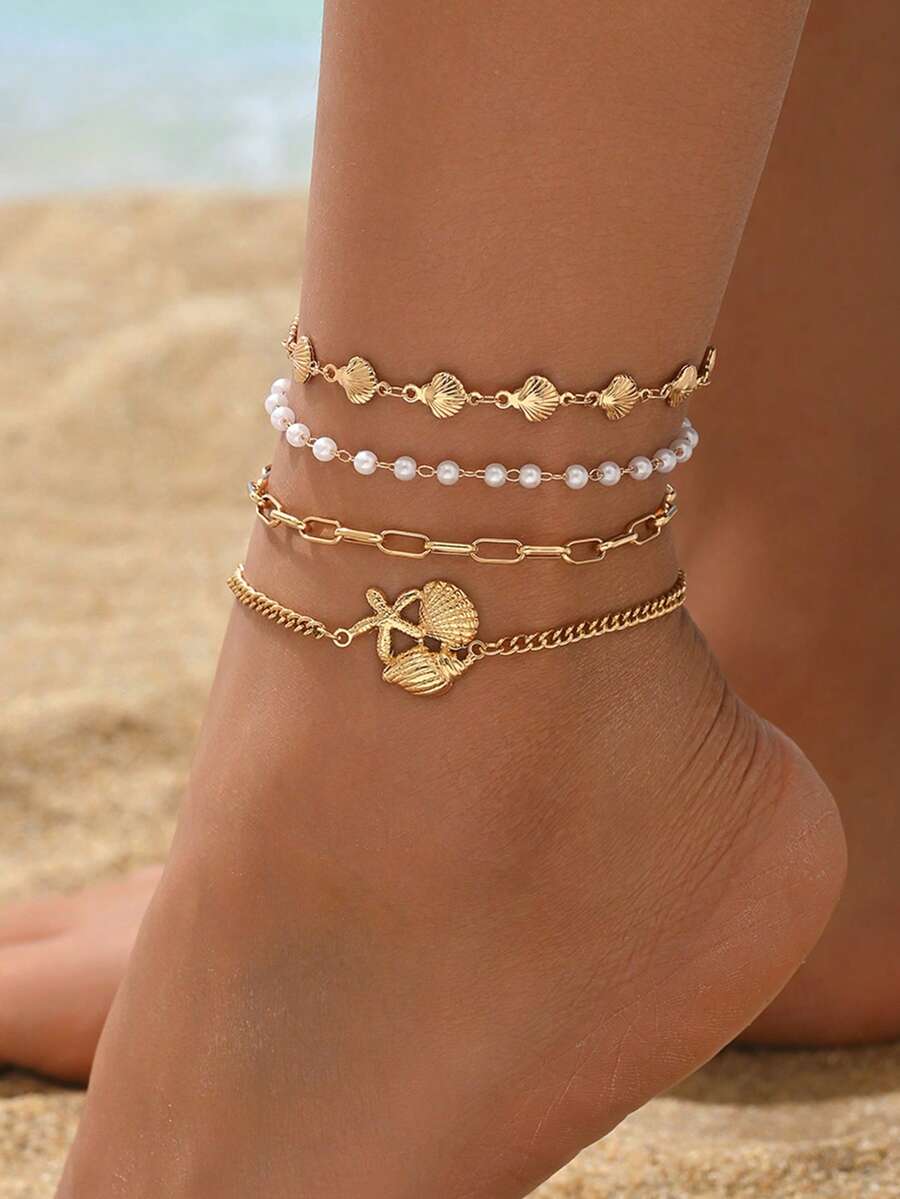 4pcs/Set Beach Vacation Style Golden Shell Handmade Chain, Versatile Faux Pearl Anklet With Alloy Starfish & Shell Decor, Suitable For Daily Wear And Holiday Travel, Chain Length Customizable - Multicolor - View 1