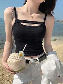 Summer New Women Hollow Chest Camisole, Built-In Padded Bra One-Piece, Sexy Sports Top, Underwear As Outerwear - Black - View 4