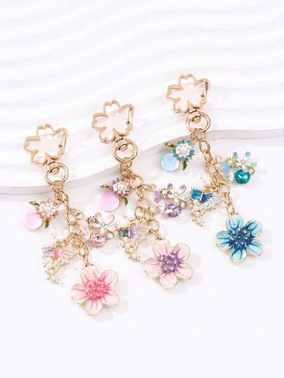 1 pieza Llavero de metal con flor colorida de primavera, colgante de aleación con gota de aceite, mariposa y flor de perla, accesorio DIY para bolso, pequeño regalo para amigos