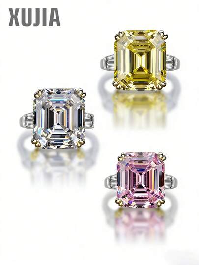 XUJIA 1pc 925 Sterling Silver Cocktail Ring For Women, Featuring High-Quality Cubic Zirconia Inlay, Available In White/Pink/Yellow Color, Size 14x16mm, Approx. 15 Carats, Perfect Gift For Weddings And Parties