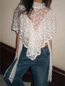 Boho Women Summer Lace T-Shirt Casual Sheer Irregular Ruffled Flutter Sleeves Tops For Streetwear Grunge Clothes - trắng - Xem 3