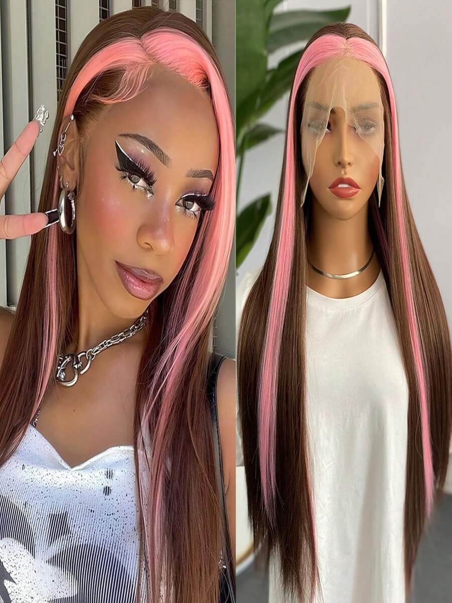 粉色挑染假发 棕色长款柔顺直发蕾丝前假发 合成蕾丝假发 自然发际线 日常佩戴 Cosplay假发 - 彩色 - 查看 1