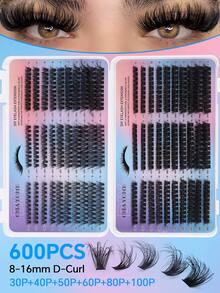 这款 600 片装 D 型卷翘浓密假睫毛套装包含适合初学者的假睫毛教程、浓密纤长的 DIY 分段式假睫毛，并附赠胶水、卸妆液、镊子和睫毛刷。 - 彩色 - 查看 4