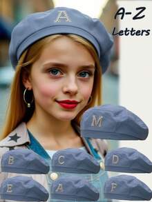 1 chiếc mũ beret chữ cái A-Z đính ngọc trai cho bé gái, kiểu xương cá, có chun co giãn, phụ kiện dễ thương, mũ thời trang cho trẻ em, mũ đội hàng ngày, mũ thường ngày. - Màu xanh da trời - Xem 1