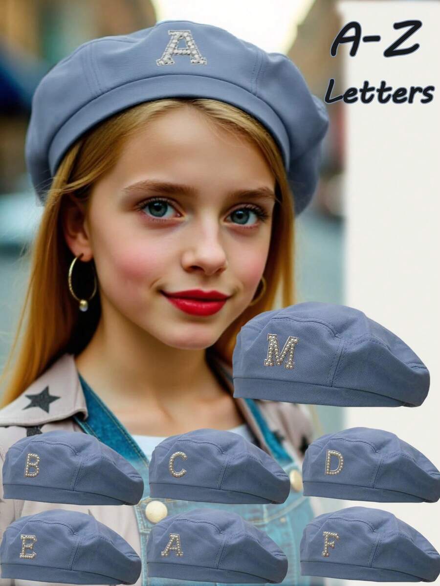 1 chiếc mũ beret chữ cái A-Z đính ngọc trai cho bé gái, kiểu xương cá, có chun co giãn, phụ kiện dễ thương, mũ thời trang cho trẻ em, mũ đội hàng ngày, mũ thường ngày. - Màu xanh da trời - Xem 1