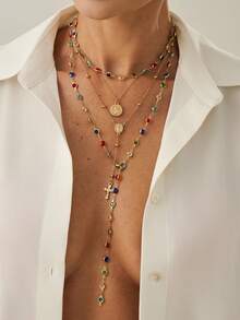 4pcs/Set Bohemian Style Rhinestone Inlaid Cross, Coin, Badge Pendant Y-Necklace, Luxury Elegant Daily Casual, Party, Couple Date, Women's Festival Birthday Versatile Jewelry Gift - Necklace - View 11