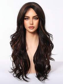 Long Wavy Wigs Dark Brown Mix Brown Highlight Wig Medium Part Water Wave Hair For Women Synthetic Hair Heat Resistant For Daily Natural Appearance Party Cosplay Use-24-Inches Suitable For Fashionable Women - Brown Highlight - View 3