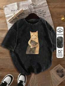 1 PcsInteresting Cat Print Short Sleeve T-Shirt, Unique Small Batch Design Women's Top, Washed Cotton T-Shirt, Casual Women's Clothing, Snowflake Pattern Fabric, Regular Fit Comfortable Round Neck Casual Top, Vintage Distressed T-Shirt, Regular Fit Women's Clothing, Spring/Summer Apparel210g 100% Cotton,The Patterns Are All Printed. Unisex. - Đen 2 - Xem 2