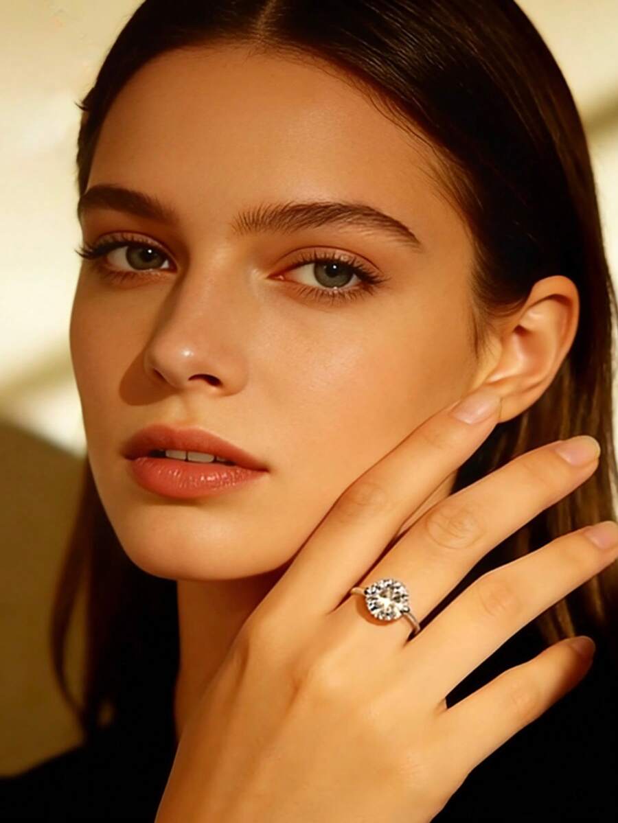 1枚S925纯银低过敏性鱼线造型合成立方氧化锆戒指，简约时尚奢华小众设计，优雅个性化，适合日常佩戴/度假/情人节/生日/母亲节礼物，低过敏性 - Round - 查看 1