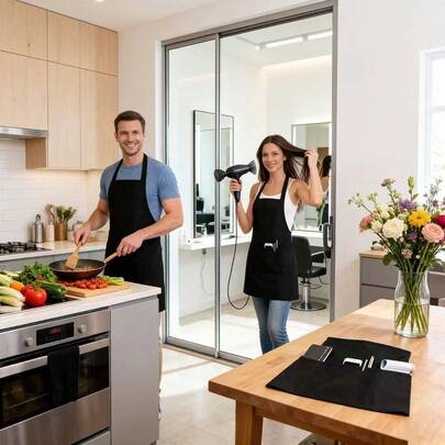 黑色围裙，黑色半身围裙，适用于奶茶店、咖啡店、烘焙店、花店、网红餐厅、艺术家、绘画等场合，也可用于理发、餐饮等工作，是餐厅制服、服务员半身围裙的理想之选。多口袋设计，四季皆宜。