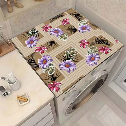 1pc Brown Plaid Flower Pattern, Silica Gel Washing Machine Dryer Top Protective Pad, Washing Machine Dust Cover Mat, Kitchen Supplies, Anti-Slip, Suitable For Laundry Room, Bathroom, Home Decor, Room Decoration