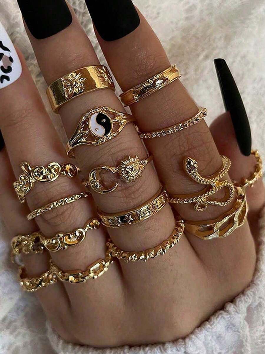 Bộ 16 nhẫn đốt ngón tay Bát Quái cổ điển, Mặt trời, Mặt trăng, Rắn, Lá, Hoa - Vàng - Xem 1