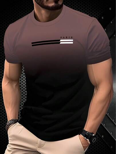 休闲时尚渐变印花短袖圆领男士T恤，100%涤纶