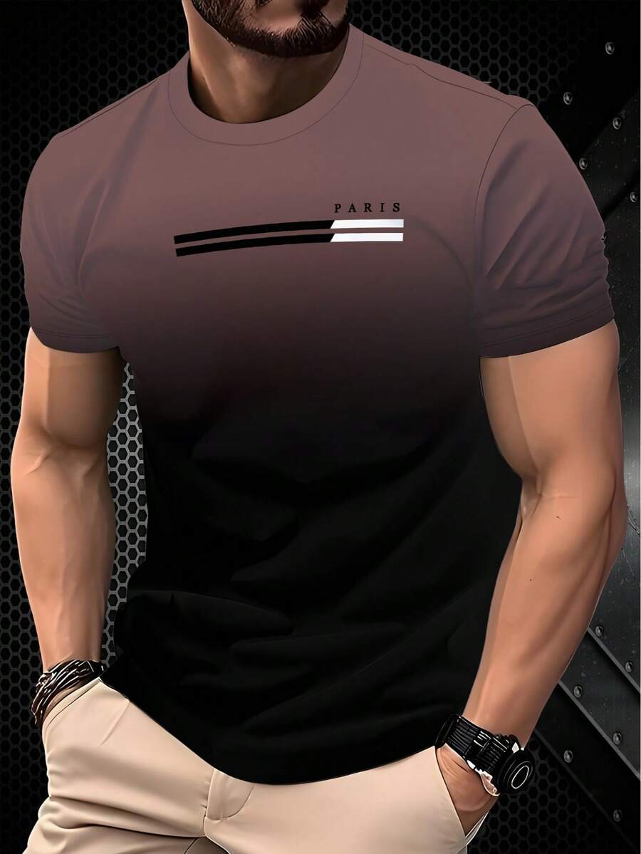休闲时尚渐变印花短袖圆领男士T恤，100%涤纶 - 彩色 - 查看 1