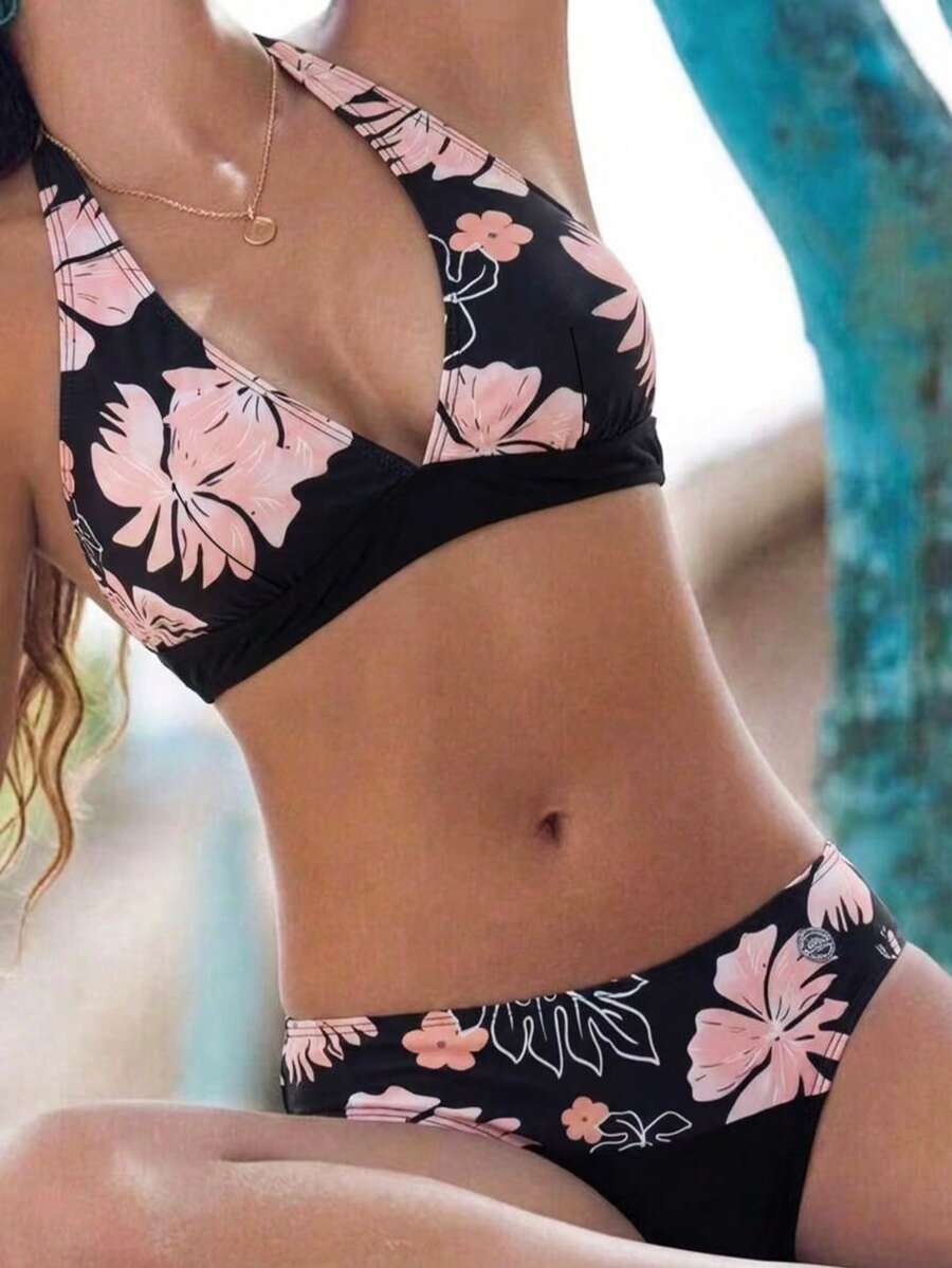 New Arrival European And American Style High Waist Hollow Tropical Plant Print Bikini Set, Sexy Open Back Design Vacation Beach - Multicolor - View 1