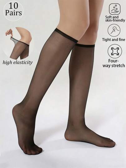 10双装女士性感超薄休闲中筒袜，透气舒适，适合夏季日常穿着