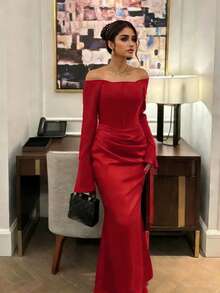 Đầm dạ hội màu trơn thanh lịch, gợi cảm, có khóa kéo, xếp ly, xẻ tà, trễ vai, thích hợp cho tiệc cưới mùa xuân. - Đỏ - Xem 3