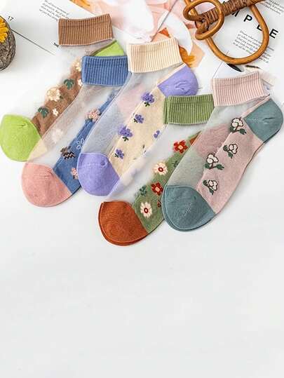 5双夏季薄款水晶丝袜，女士隐形吸汗透气短袜，玻璃丝棉底踝袜