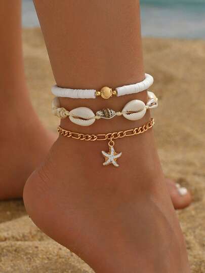 3pcs/Set Summer Ocean Style Soft Pottery Alloy Shell Beaded White Drip Glaze Starfish Pendant Anklet, Handmade Shell & Conch Rope Jewelry For Women, Suitable For Daily Outfit, Beach Vacation, Date Wear