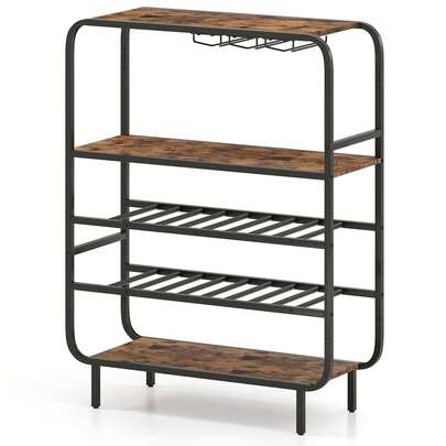 COSTWAY 16 Bottle Wine Rack, Freestanding Floor 5-Tier Wine Shelf W/ Glass Holders, Metal Frame Industrial Liquor Display Stand With Storage Shelf For Kitchen, Home Bar, Brown