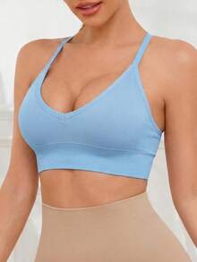 Bra Tanpa Kawat Seksi Rajut Bergaris Tanpa Jahitan untuk Wanita, Bra Olahraga Tanpa Punggung dengan Tali Silang - Baby Blue - View 3