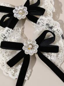 2pcs White Lace Girls Hair Accessories Elegant Pearl Flower Bow Hair Clips Black Velvet Bow Hair Clips With Tail Rhinestone Hair Clips For Daily And Wedding Children Hair Accessories - Black - View 5