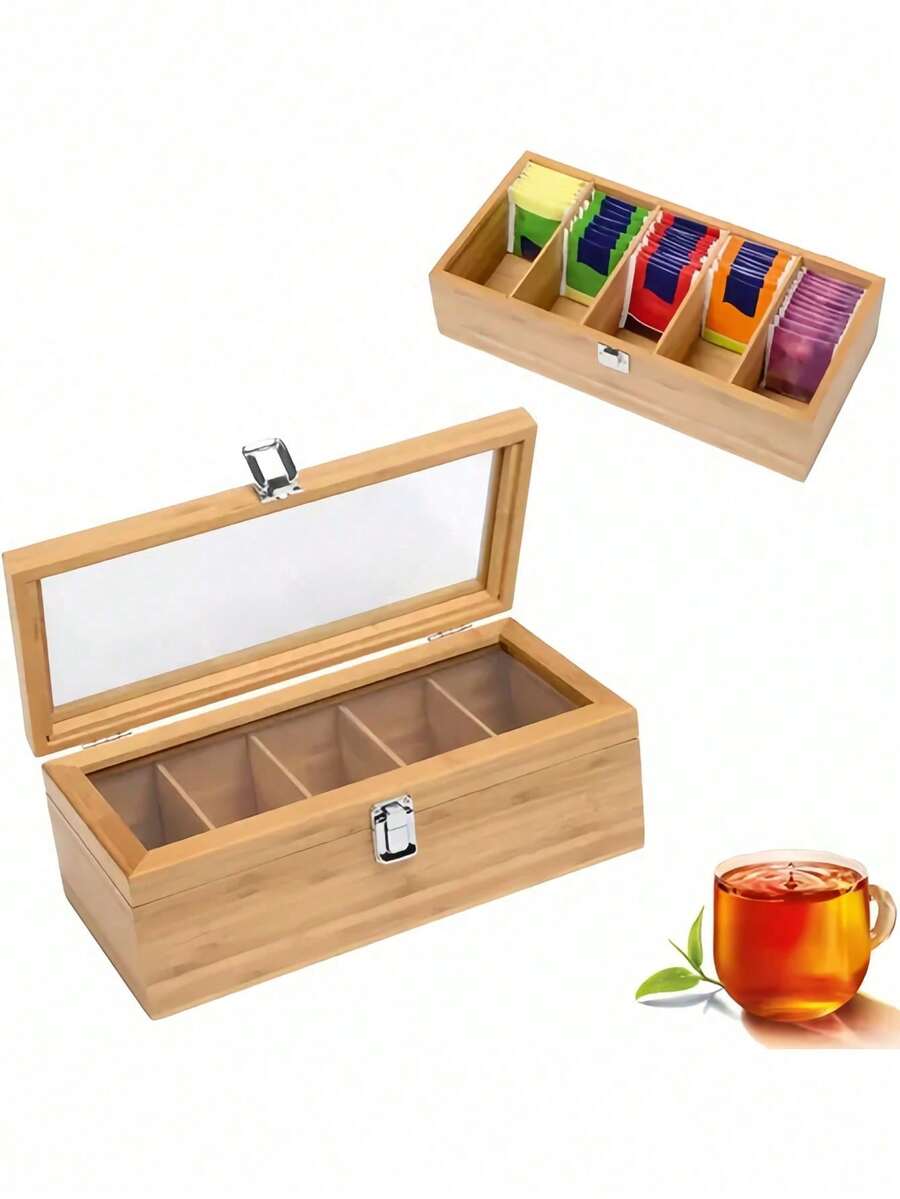 Organizador de caja de té de bambú con cajón y ventana de acrílico, Caja Organizadora De Bolsas De Té Para Cocina,tapa magnética mantiene los bolsitas de té frescas - Soporte para bolsitas de té (té no incluido), regalo de Navidad - Color del barniz - Ver 1