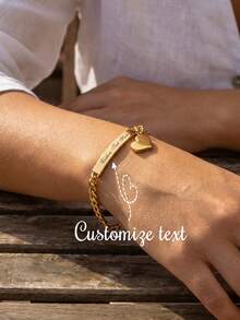 1pc Customized Stainless Steel 3-In-1 NK Chain Curved Plate Heart-Shaped Bracelet, Stainless Steel Jewelry, Women's Bracelet, Summer Accessory, Mother's Day Gift - Multicolor - View 1