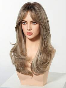 22 Zoll lange wellige Perücken mit mittlerem Pony Dunkelwurzeln Braun Perücken für Frauen Braun Farbverlauf Haar mit Blond Perücken, hitzebeständige synthetische Perücken für tägliche Party Cosplay Perücken - Ombre-Blond - Übersicht 5