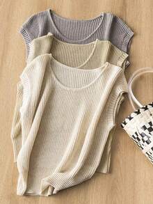 Áo dệt kim không tay cổ tròn cổ điển dành cho nữ, áo tank top dệt kim gân dài vừa phải mùa hè, thoải mái để mặc hàng ngày. - Màu be - Xem 3