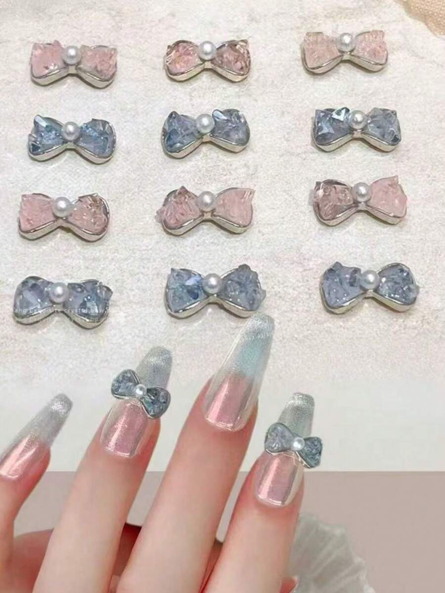 4件套水晶蝴蝶结美甲装饰，果冻色3D蝴蝶结美甲饰品，合金水钻美甲配件 - 彩色 - 查看 1