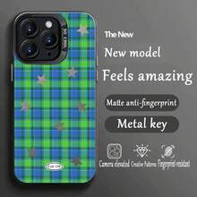 Fashionable Blue-Green Plaid Star Pattern Luxury Gradient Black-Silver Silicone Soft Edge Acrylic Hard Back Thick PC Metal Button Protective Phone Case Compatible With IPhone/ - Black - View 2