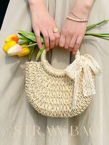 [US-Based Shipping]Leisure Handbag Crossbody Bag,Bohemian Lace Bow Straw Crossbody Bag For Women – Hollow Woven Rattan Handbag With Top Handle, Summer Beach Tote Purse, Vintage Lace Decor Shoulder Bag Perfect For Vacation, Beach Trips And Daily Outings, Boho Chic Mini Basket Bag,Summer,Women Bags For Vacation,Holiday, Straw Purse, Straw Beach Bag, Beach Necessities, Beach Essentials,Beach Stuff & Summer Essentials, Fashionable Vacation Bag For Summer - Màu be - Xem 1