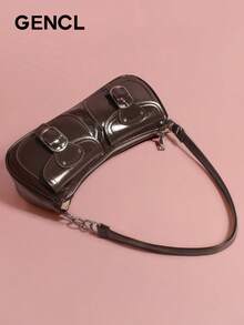 Bolso de hombro vintage de color sólido de moda, adecuado para viajes y desplazamientos diarios. - Café integral - Ver 4