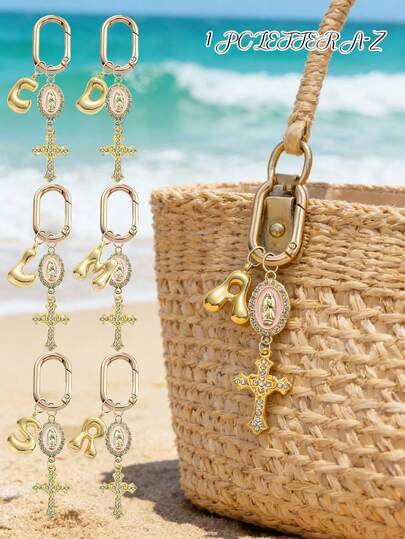 A-Z Initial Religious Bag Charm, Gold Plated Crystal Cross Virgin Mary Bag Pendant, Personalized Letter Christian Keychain For Beach Bags & Backpacks, Ideal For Faith-Based Decor & Identification, Suitable For Religious Devotees, Fashion Lovers & Gift Givers, Perfect For Easter, Mother's Day, Baptisms & Gifting, Versatile As Bag Charm, Keychain & Spiritual Gift