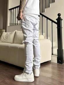 Men's Jeans With Splattered Ink, Ripped Holes, Slim Fit And Stacked Feeling, Suitable For Fashionable Pencil Shorts For Men And Women - White - View 6