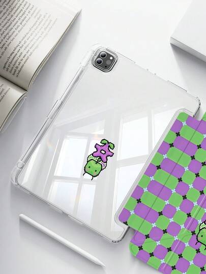Ốp lưng iPad hình quả táo hoạt hình dễ thương, họa tiết hình học, trong suốt, chống sốc, phù hợp với iPad thế hệ thứ 7, 8, 10 (10.2 inch), tích hợp khe cắm bút cảm ứng, hỗ trợ chức năng bật/tắt màn hình, là lựa chọn quà tặng lý tưởng.