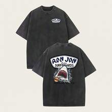 Shark Surfing Pattern Men's Summer Crew Neck Short-Sleeve T-Shirt, Unisex T-Shirt, Comfortable And Stylish, Men's Clothing, 230g Washed Cotton High-Quality Double-Sided Printed T-Shirt, Suitable For Vintage Street Style, Outdoor Sports And Leisure, Beach Travel, And Various Occasions, Making It A Perfect Gift. - màu đen - Xem 1