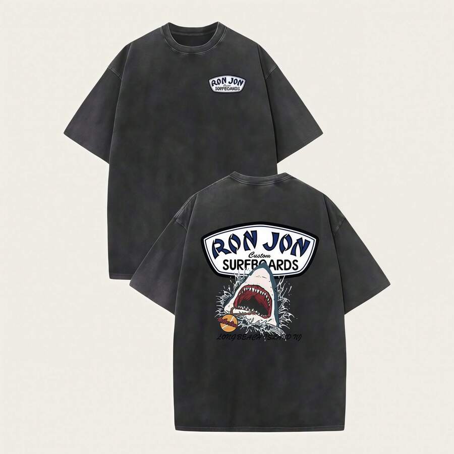 Shark Surfing Pattern Men's Summer Crew Neck Short-Sleeve T-Shirt, Unisex T-Shirt, Comfortable And Stylish, Men's Clothing, 230g Washed Cotton High-Quality Double-Sided Printed T-Shirt, Suitable For Vintage Street Style, Outdoor Sports And Leisure, Beach Travel, And Various Occasions, Making It A Perfect Gift. - màu đen - Xem 1