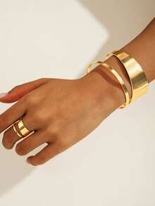 1 Set Minimalist Geometric Hollow Double-Layer Bracelet, Bracelet And Ring Jewelry Set, Gift For Women - Bracelet + Ring - View 12