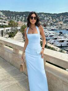 French Elegant Casual Square Neck Backless Top & Straight Skirt Two Pieces Women Summer Set - Blue - View 2